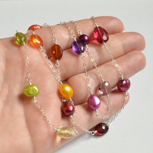 Long Rainbow Gemstone and Pearl Necklace in Sterling Silver - Picture 5 of 8
